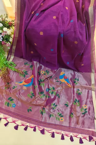 purple linen saree with zari meena weaving