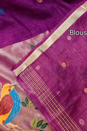 purple linen saree with zari meena weaving