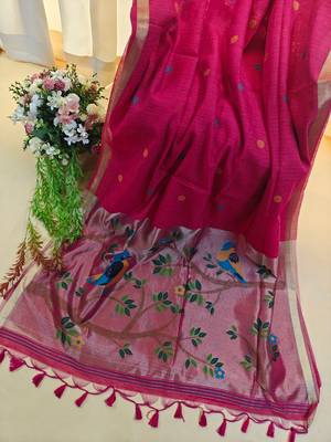 rani pink linen silk saree with zari butties
 1