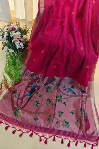 Rani pink color pure zari and meena weaving linen silk saree
