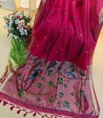 Rani pink color pure zari and meena weaving linen silk saree
