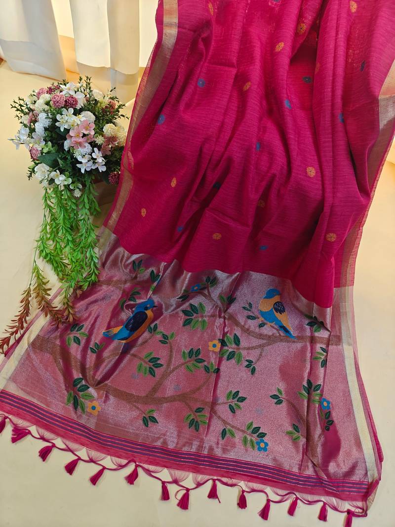 Rani pink color pure zari and meena weaving linen silk saree