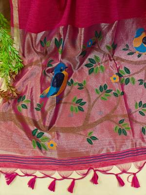 rani pink linen silk saree with zari butties
 2