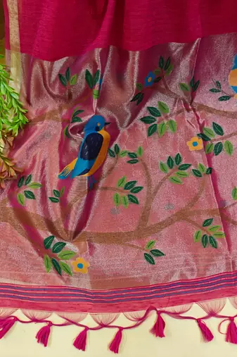 rani pink linen silk saree with zari butties
