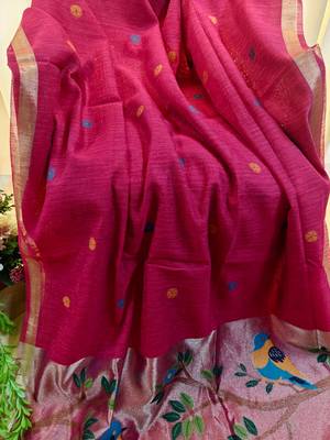 rani pink linen silk saree with zari butties
 3