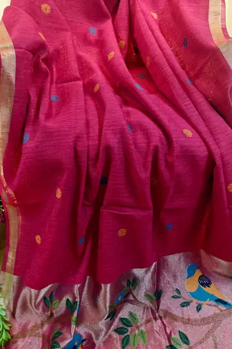 rani pink linen silk saree with zari butties