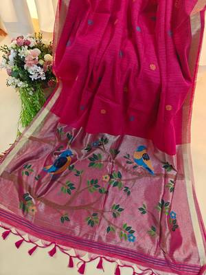 rani pink linen silk saree with zari butties
 4