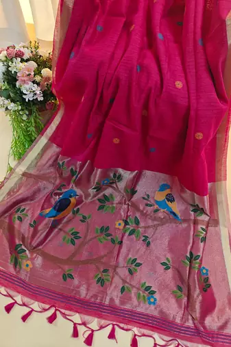 rani pink linen silk saree with zari butties