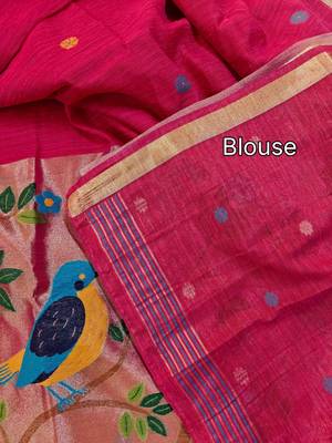 rani pink linen silk saree with zari butties
 5