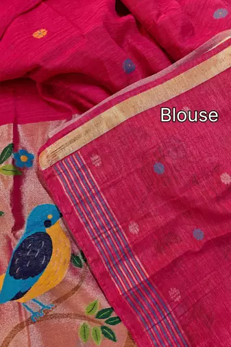 rani pink linen silk saree with zari butties