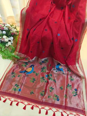 red linen silk saree with zari meena weaving 1