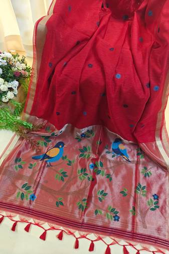 Red color pure zari and meena weaving linen silk saree