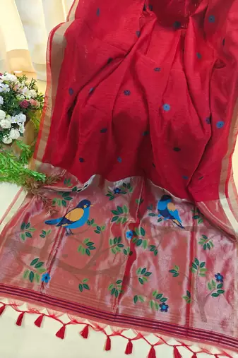 Red color pure zari and meena weaving linen silk saree