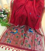 Red color pure zari and meena weaving linen silk saree