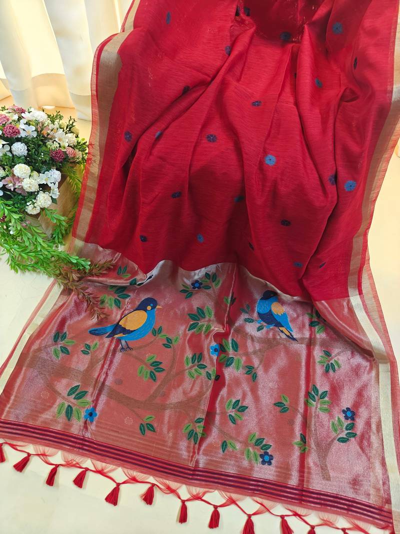 Red color pure zari and meena weaving linen silk saree