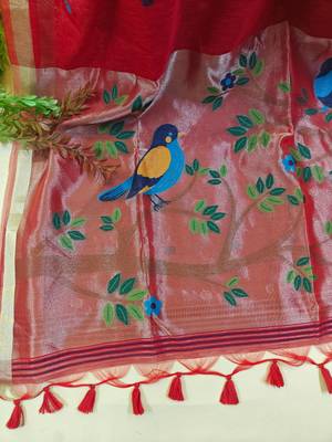 red linen silk saree with zari meena weaving 2