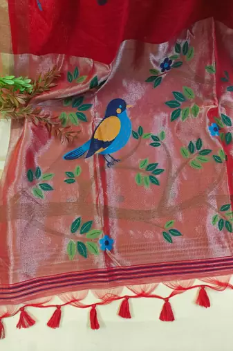 red linen silk saree with zari meena weaving