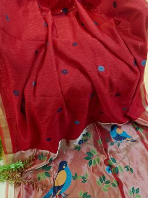red linen silk saree with zari meena weaving 3