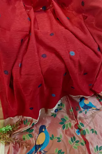 red linen silk saree with zari meena weaving