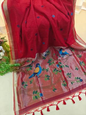 red linen silk saree with zari meena weaving 4