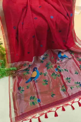 red linen silk saree with zari meena weaving