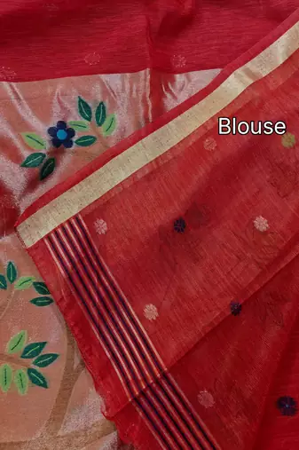 red linen silk saree with zari meena weaving