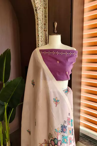 beige cotton saree with jamdani meena weaving
