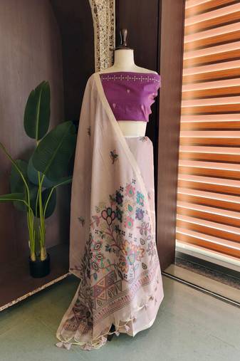 Beige color jamdani pattern and  meena weaving chanderi cotton saree