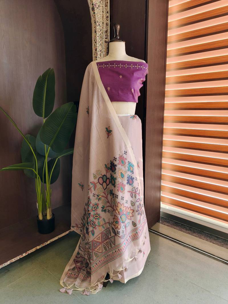 Beige color jamdani pattern and  meena weaving chanderi cotton saree