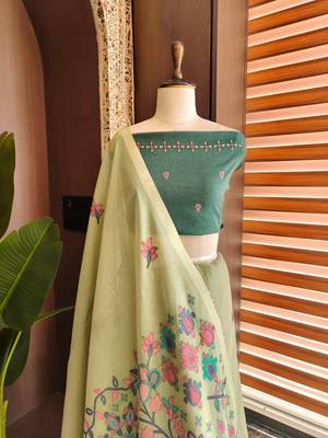 light olive cotton saree with meena woven pallu 2