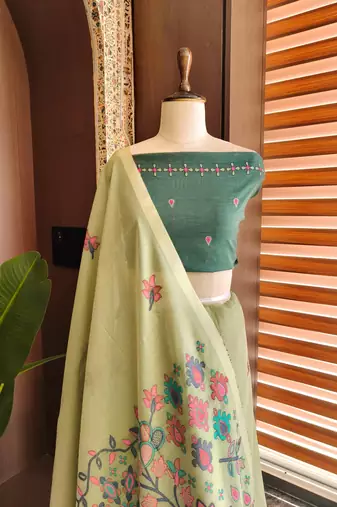 light olive cotton saree with meena woven pallu