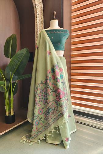 Light olive color jamdani pattern and  meena weaving chanderi cotton saree
