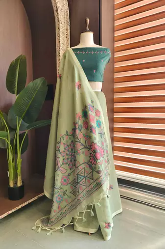Light olive color jamdani pattern and  meena weaving chanderi cotton saree