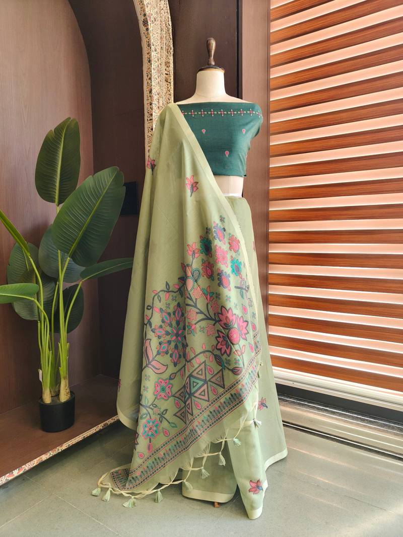 Light olive color jamdani pattern and  meena weaving chanderi cotton saree