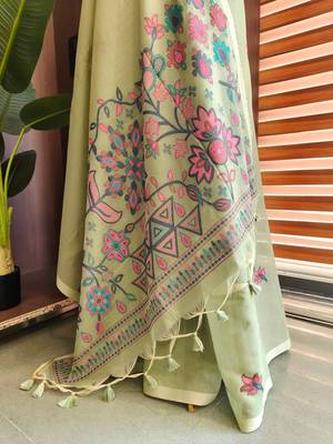 light olive cotton saree with meena woven pallu 3