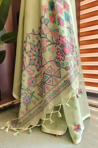 light olive cotton saree with meena woven pallu