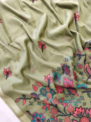 light olive cotton saree with meena woven pallu 4