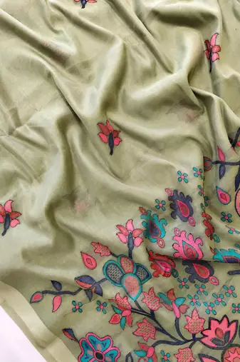 light olive cotton saree with meena woven pallu