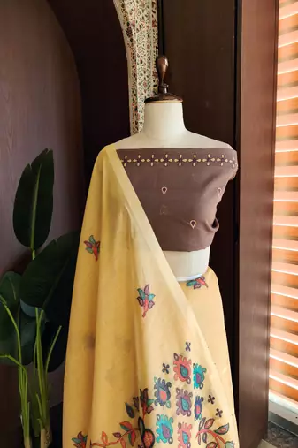 light yellow cotton saree with meena woven pallu