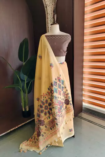 Light yellow color jamdani pattern and  meena weaving chanderi cotton saree