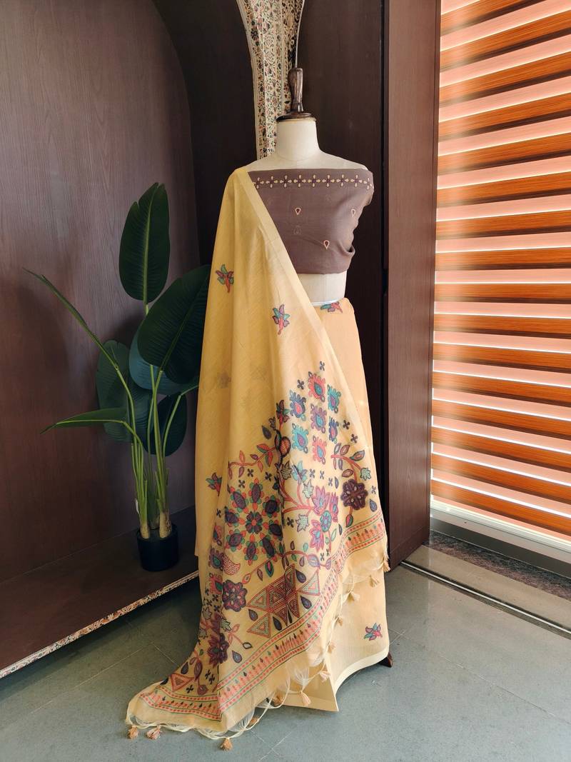 Light yellow color jamdani pattern and  meena weaving chanderi cotton saree