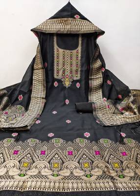Black Chanderi Banarasi silk zari woven design dress material 4