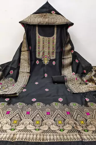 Black Chanderi Banarasi silk zari woven design dress material