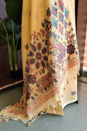 light yellow cotton saree with meena woven pallu
