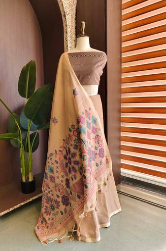 Peach  color jamdani pattern and  meena weaving chanderi cotton saree