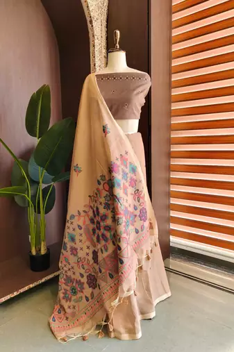 Peach  color jamdani pattern and  meena weaving chanderi cotton saree