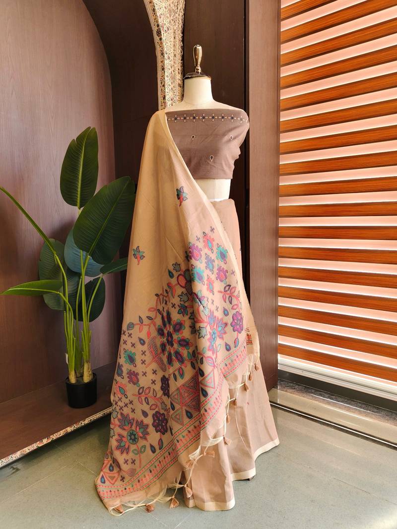 Peach  color jamdani pattern and  meena weaving chanderi cotton saree