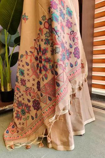 peach cotton sari with jamdani meena woven