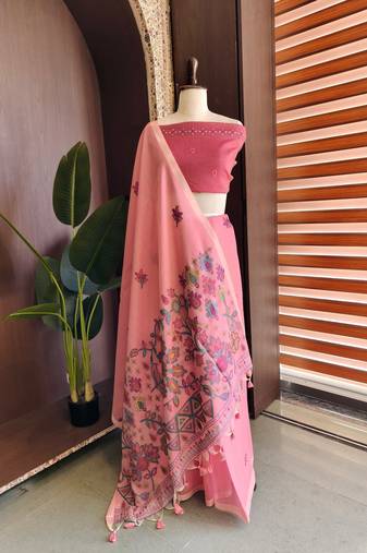 Pink color jamdani pattern and  meena weaving chanderi cotton saree