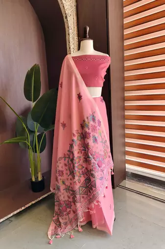 Pink color jamdani pattern and  meena weaving chanderi cotton saree